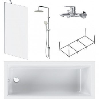 Набор: Ванна 170x70 с каркасом и шторкой, душевая система со смесителем для ванны и душа AM.PM GEM